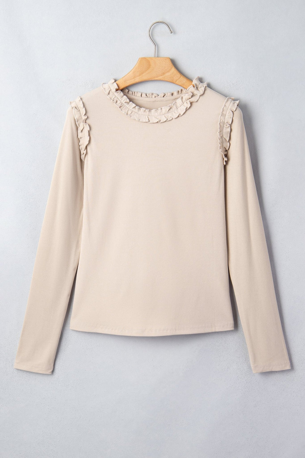 Solid Ribbed Knit Frilled Long Sleeve Top - Rooted & Reckless Co.