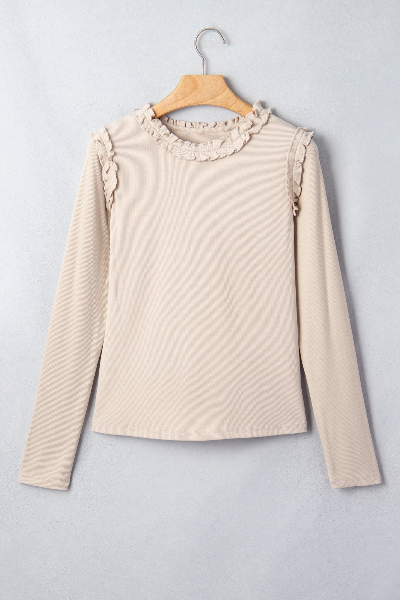 Solid Ribbed Knit Frilled Long Sleeve Top - Rooted & Reckless Co.