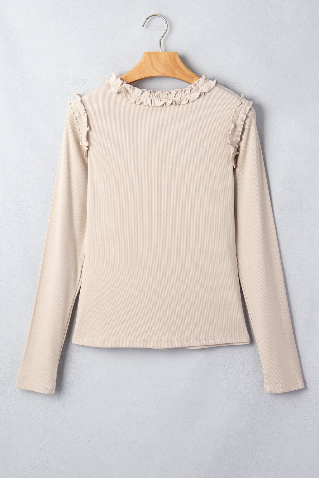 Solid Ribbed Knit Frilled Long Sleeve Top - Rooted & Reckless Co.