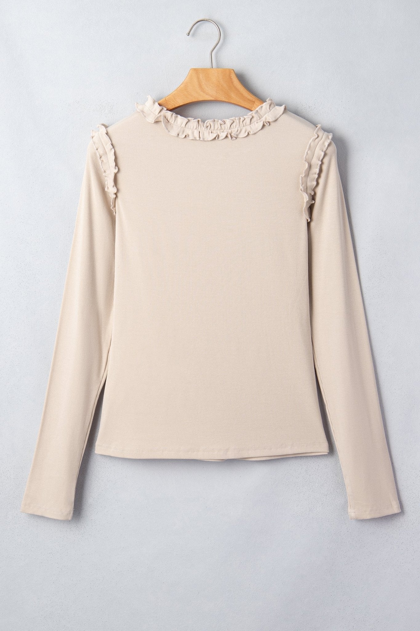 Solid Ribbed Knit Frilled Long Sleeve Top - Rooted & Reckless Co.