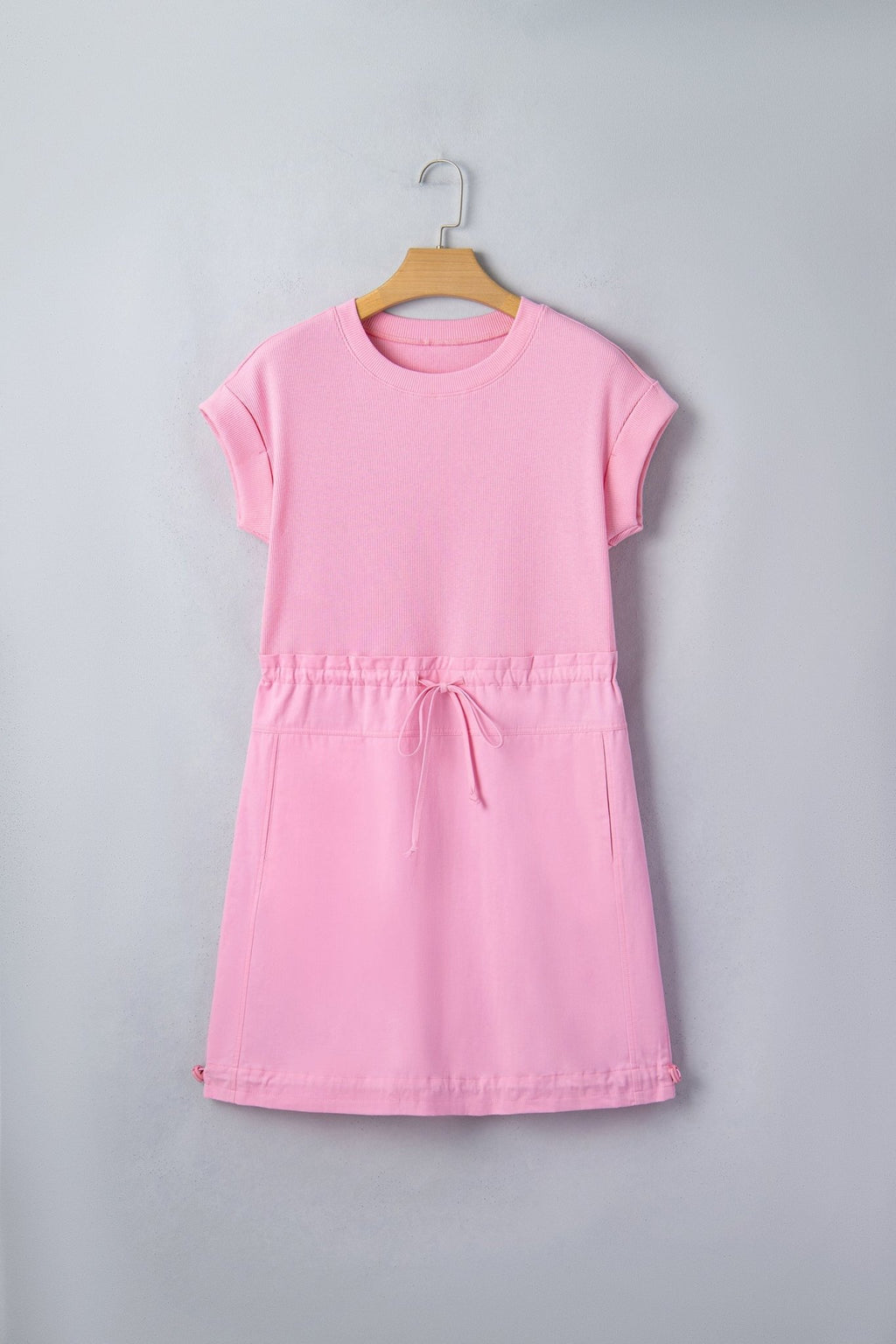 Solid Ribbed Knit Patchwork Drawstring Mini Dress - Rooted & Reckless Co.