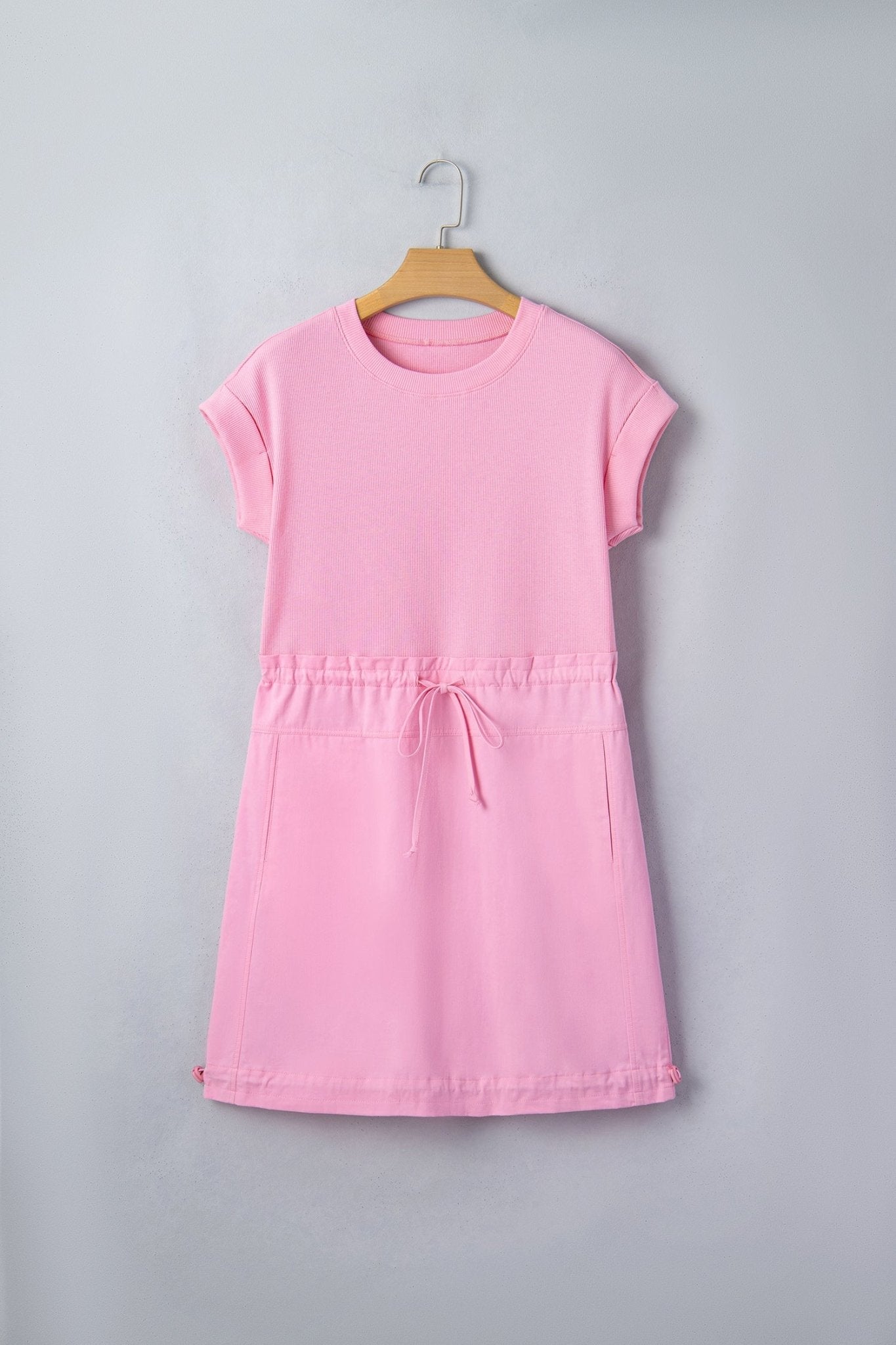 Solid Ribbed Knit Patchwork Drawstring Mini Dress - Rooted & Reckless Co.