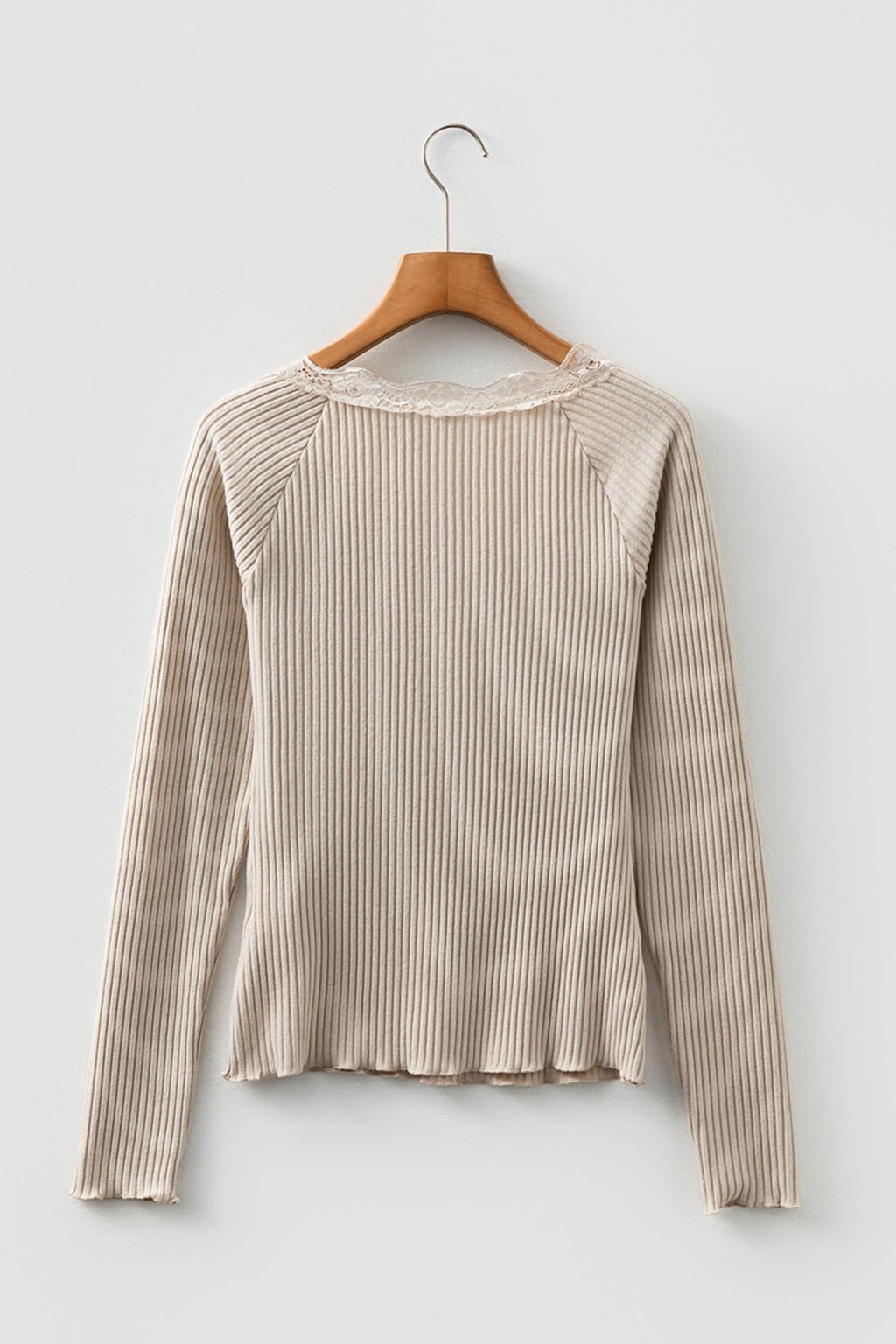 Solid Ribbed Lace Neckline Long Sleeve Top - Rooted & Reckless Co.