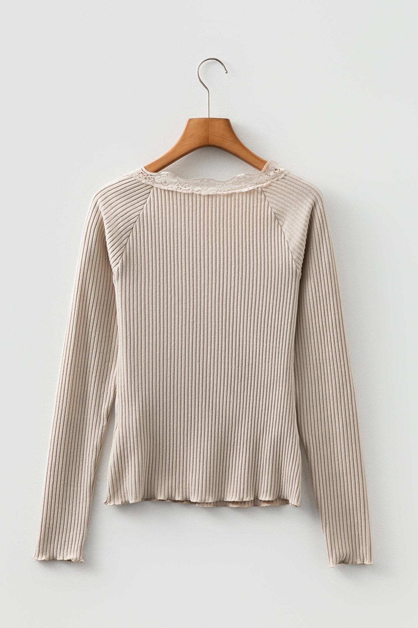 Solid Ribbed Lace Neckline Long Sleeve Top - Rooted & Reckless Co.