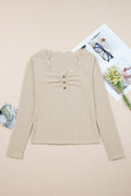 Solid Ribbed Lace Neckline Long Sleeve Top - Rooted & Reckless Co.