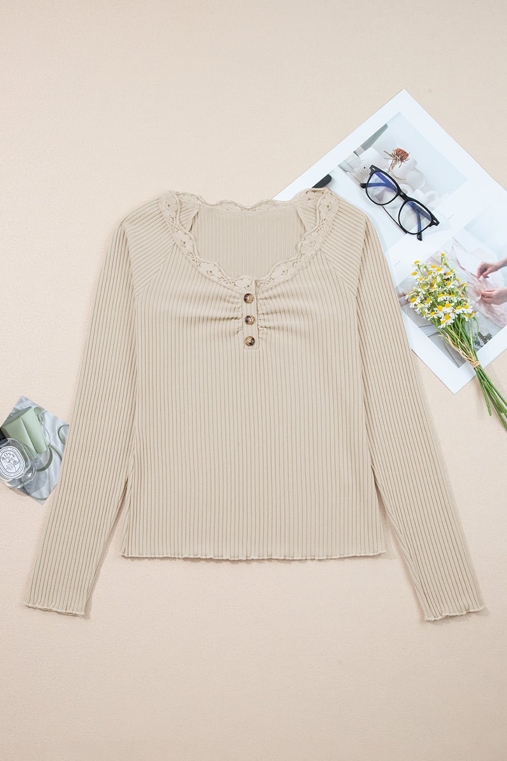 Solid Ribbed Lace Neckline Long Sleeve Top - Rooted & Reckless Co.