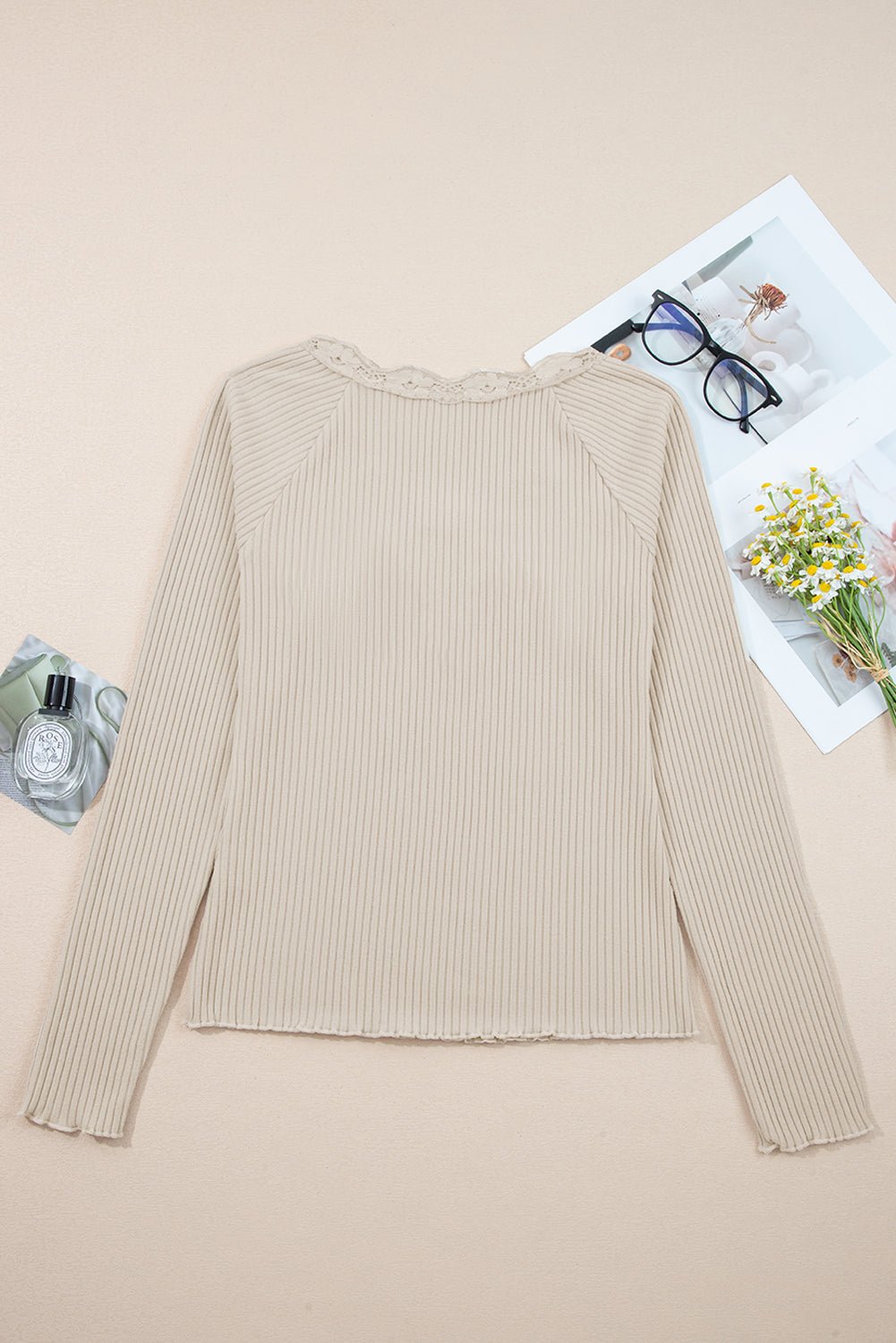 Solid Ribbed Lace Neckline Long Sleeve Top - Rooted & Reckless Co.