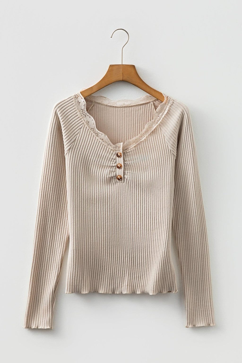 Solid Ribbed Lace Neckline Long Sleeve Top - Rooted & Reckless Co.