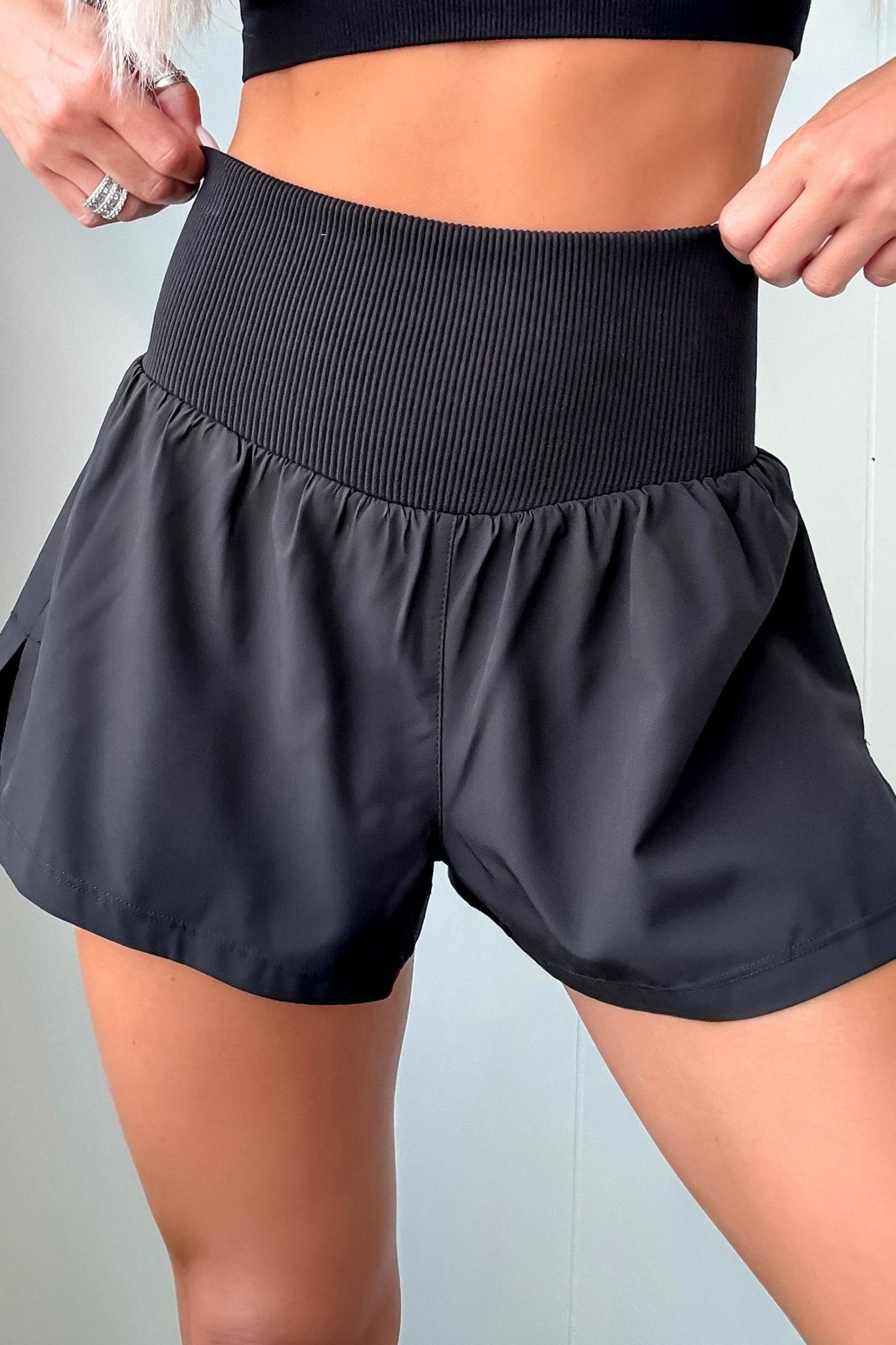 Solid Ribbed Patchwork High Waist Athletic Shorts - Rooted & Reckless Co.