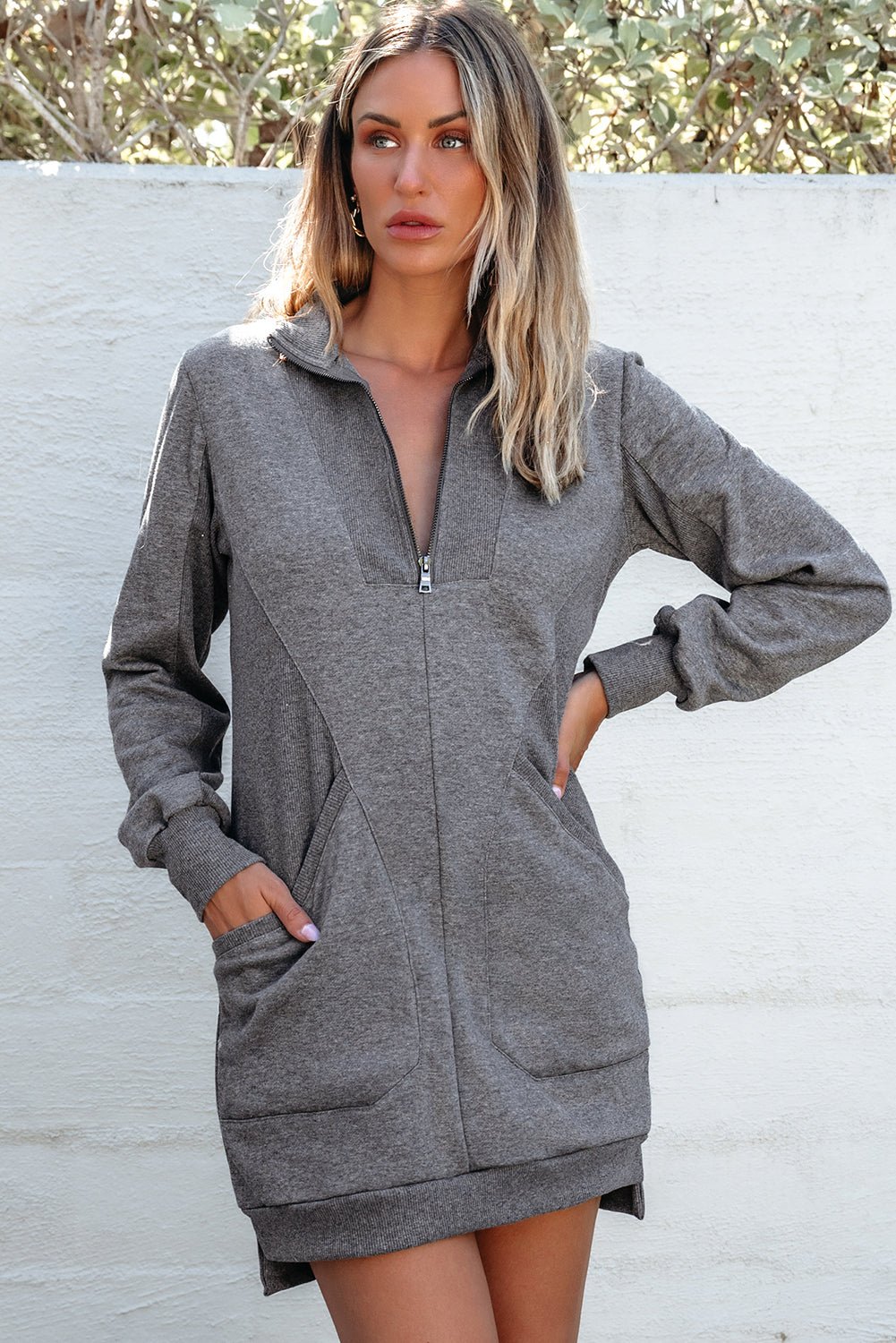 Solid Ribbed Patchwork Pocketed Sweatshirt Dress - Rooted & Reckless Co.