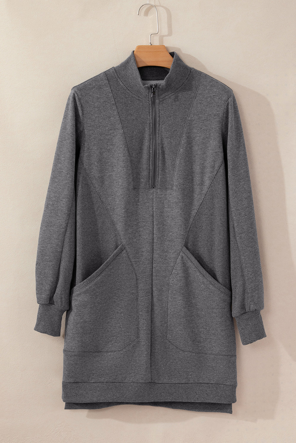 Solid Ribbed Patchwork Pocketed Sweatshirt Dress - Rooted & Reckless Co.