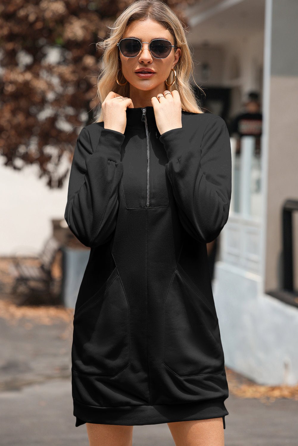 Solid Ribbed Patchwork Pocketed Sweatshirt Dress - Rooted & Reckless Co.