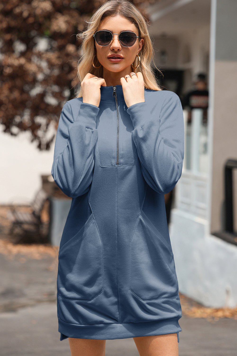 Solid Ribbed Patchwork Pocketed Sweatshirt Dress - Rooted & Reckless Co.
