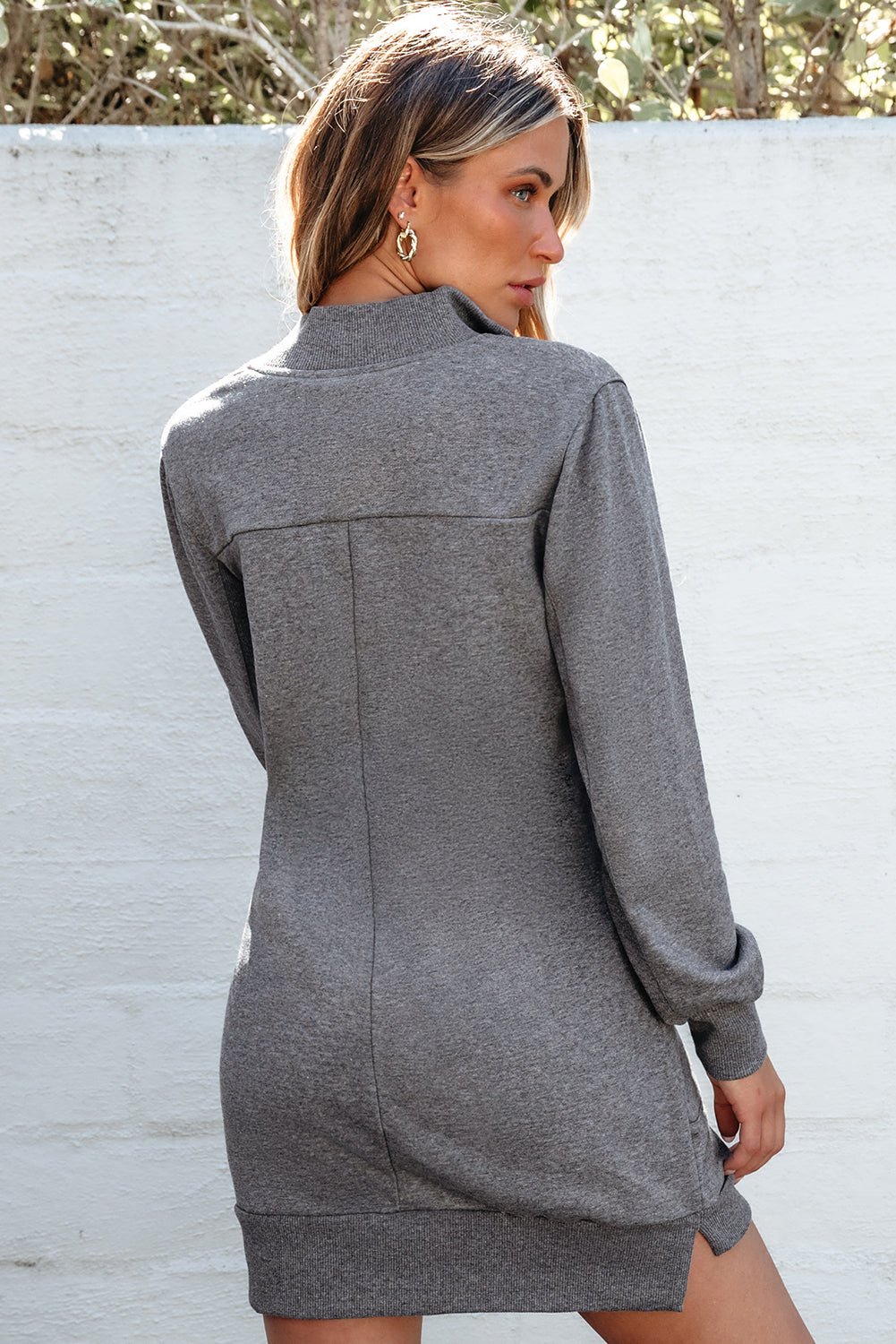 Solid Ribbed Patchwork Pocketed Sweatshirt Dress - Rooted & Reckless Co.