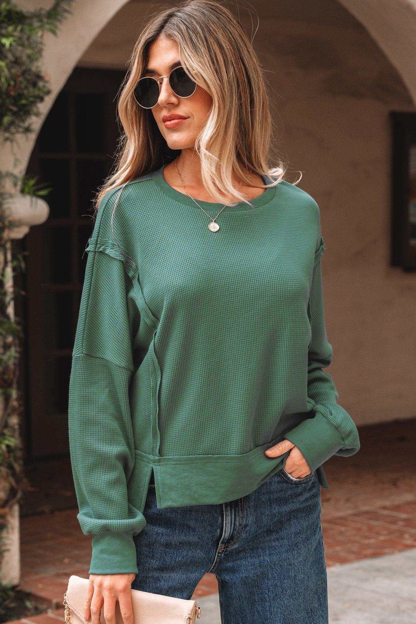 Solid Ribbed Raw Seam Patchwork Drop Shoulder Sweatshirt - Rooted & Reckless Co.