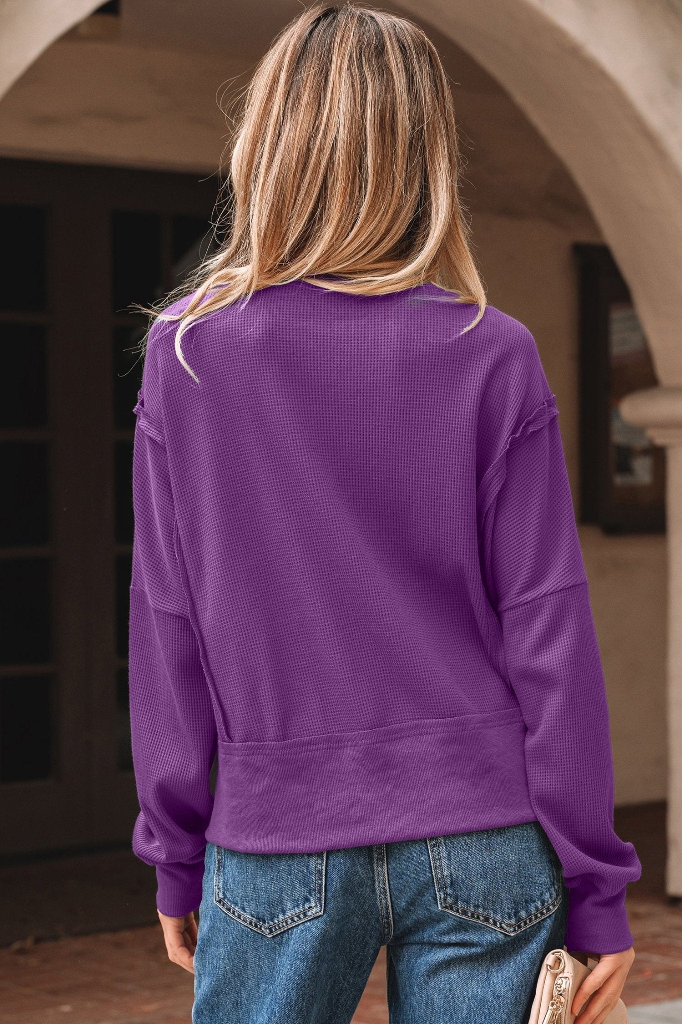 Solid Ribbed Raw Seam Patchwork Drop Shoulder Sweatshirt - Rooted & Reckless Co.
