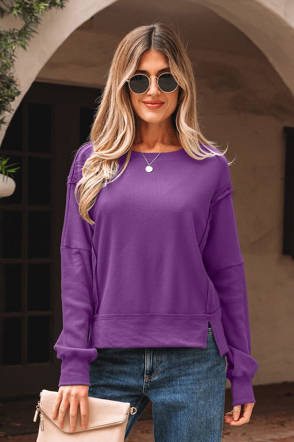 Solid Ribbed Raw Seam Patchwork Drop Shoulder Sweatshirt - Rooted & Reckless Co.
