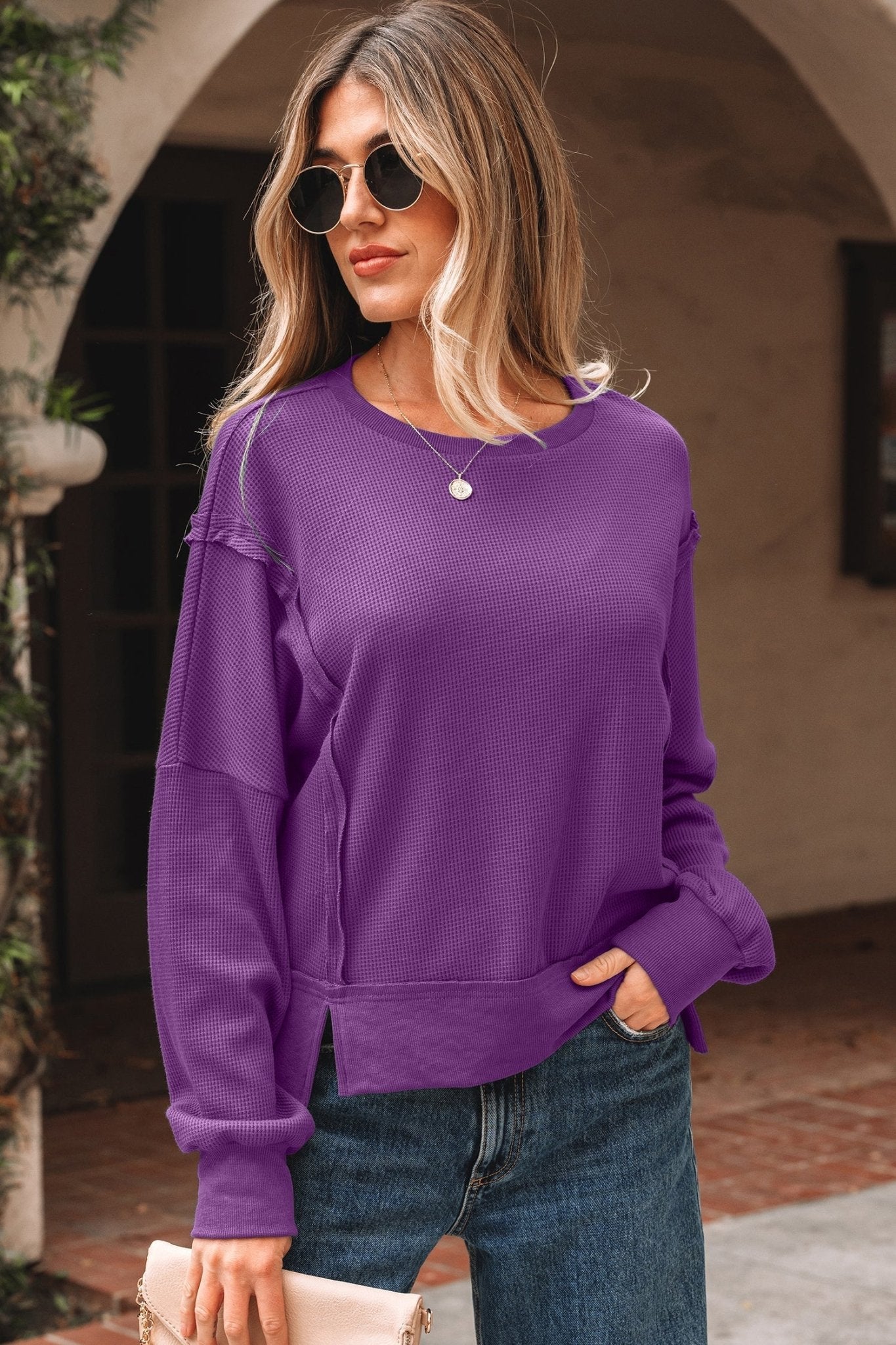 Solid Ribbed Raw Seam Patchwork Drop Shoulder Sweatshirt - Rooted & Reckless Co.