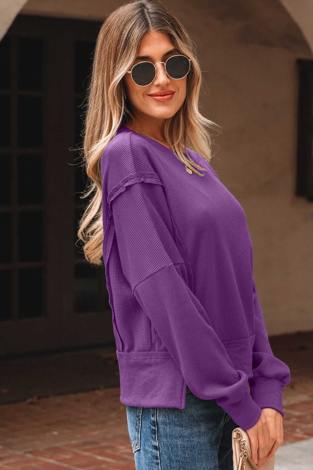 Solid Ribbed Raw Seam Patchwork Drop Shoulder Sweatshirt - Rooted & Reckless Co.