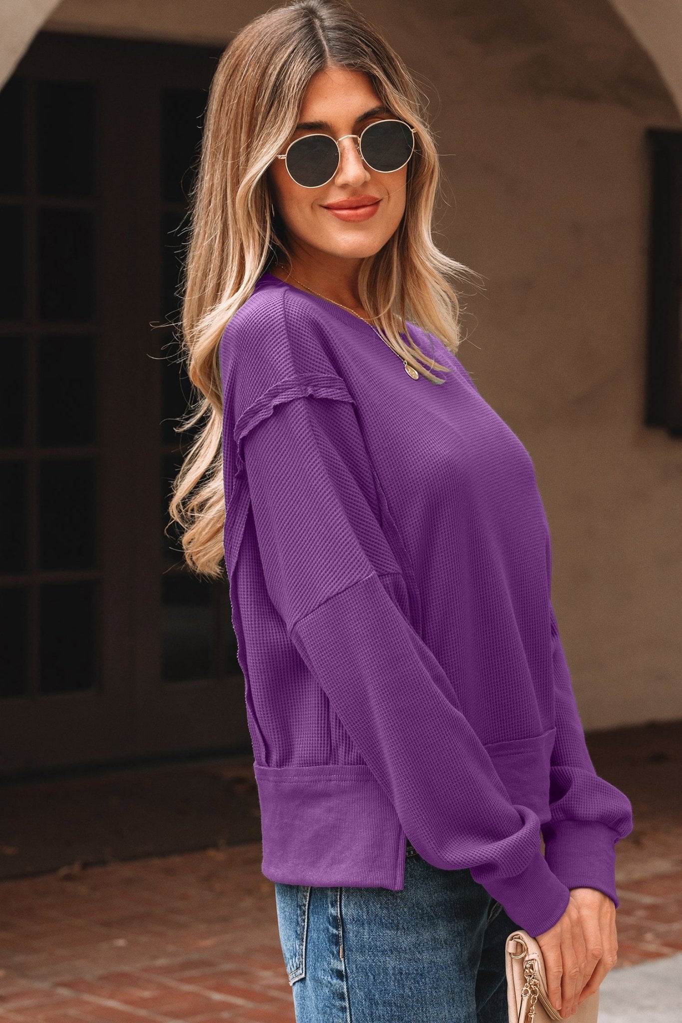 Solid Ribbed Raw Seam Patchwork Drop Shoulder Sweatshirt - Rooted & Reckless Co.