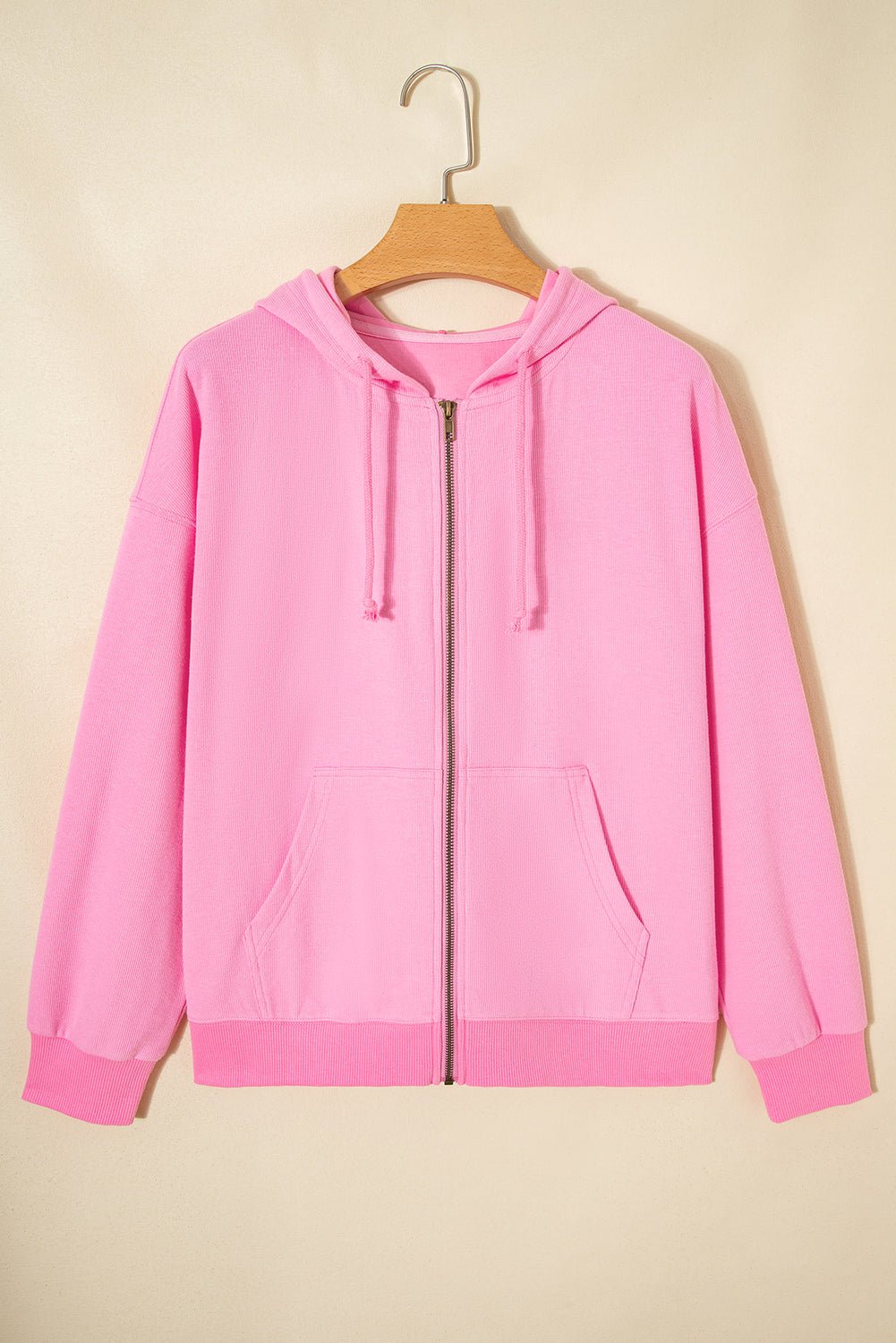 Solid Ribbed Zip-Up Drawstring Hooded Jacket - Rooted & Reckless Co.