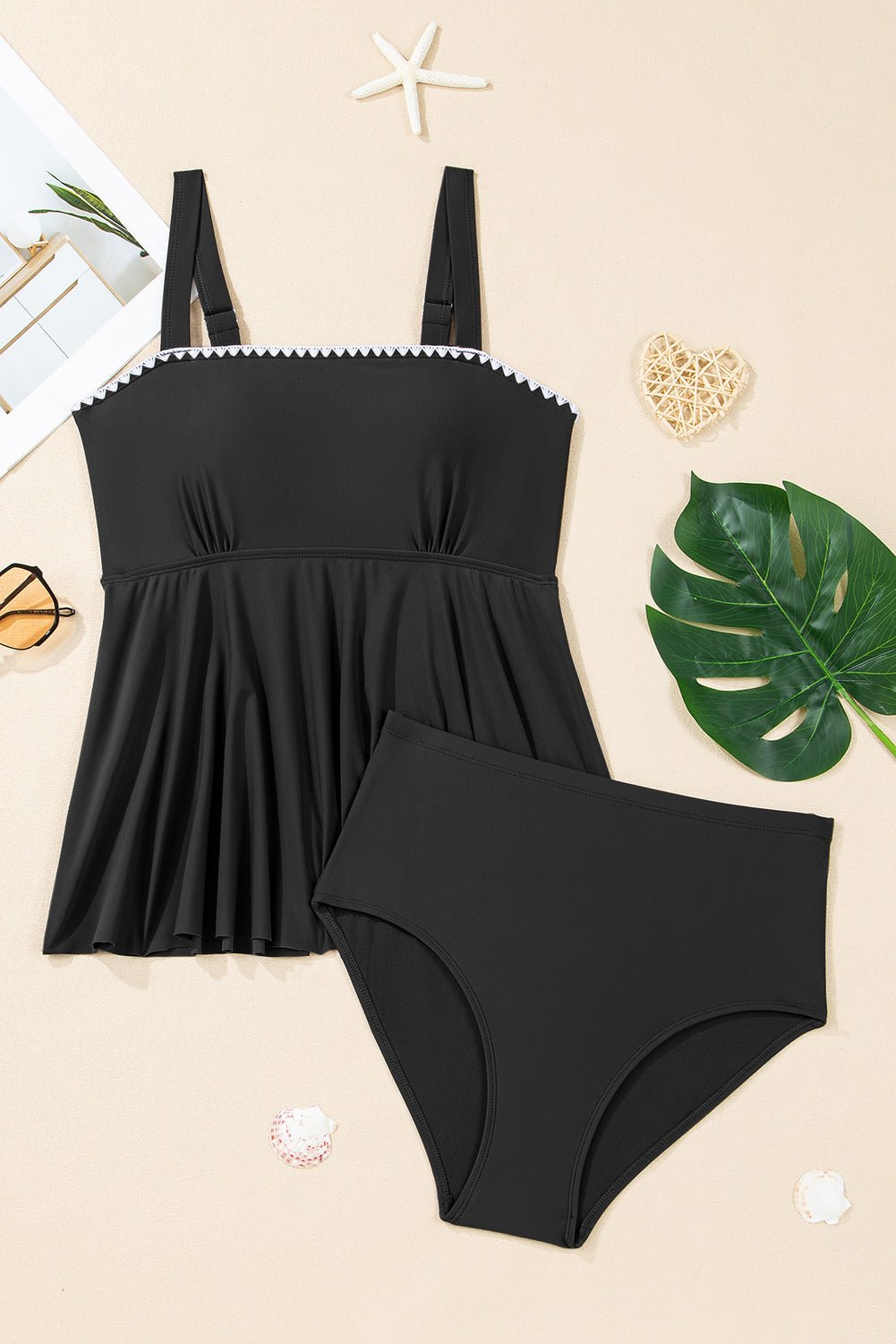 Solid Ricrac Trim Flared Tankini Top Set - Rooted & Reckless Co.