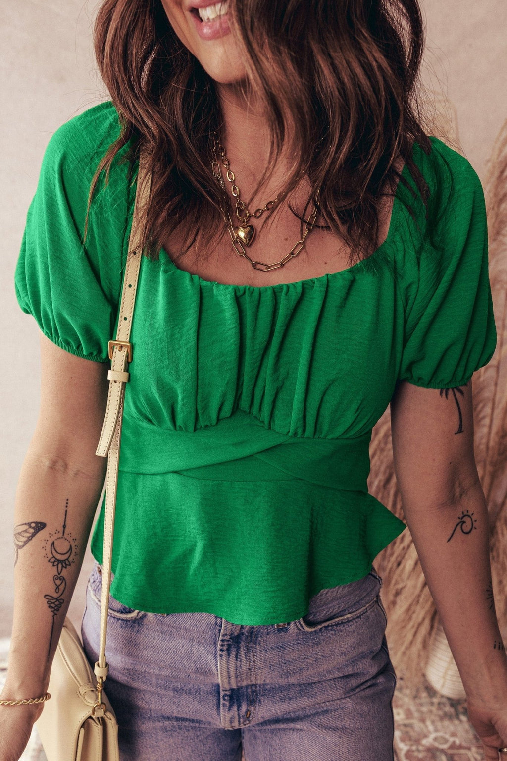 Solid Ruched Cross Waist Tied Back Peplum Top - Rooted & Reckless Co.