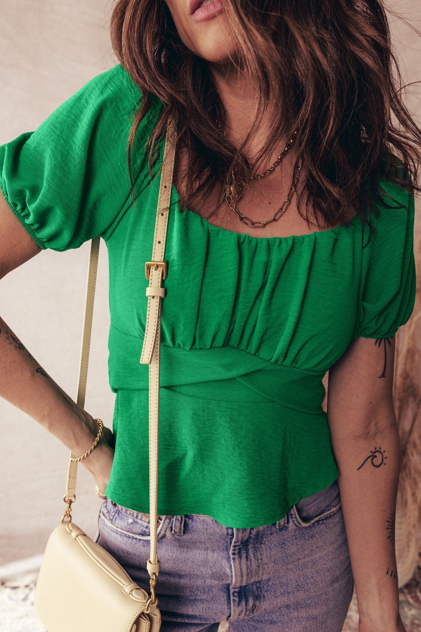 Solid Ruched Cross Waist Tied Back Peplum Top - Rooted & Reckless Co.