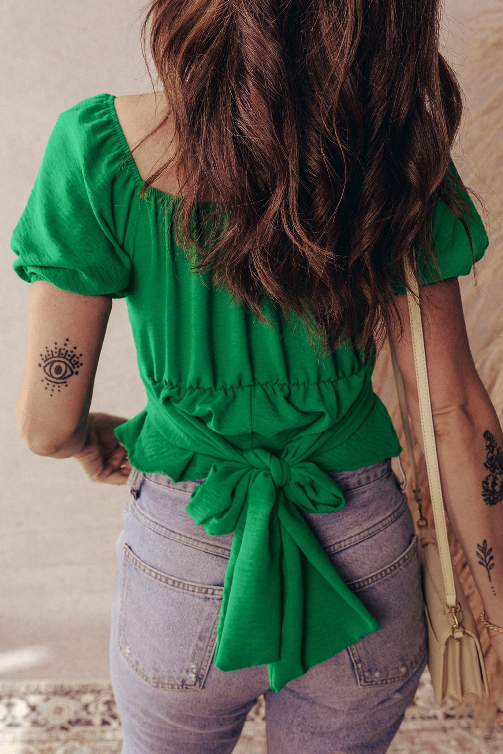 Solid Ruched Cross Waist Tied Back Peplum Top - Rooted & Reckless Co.