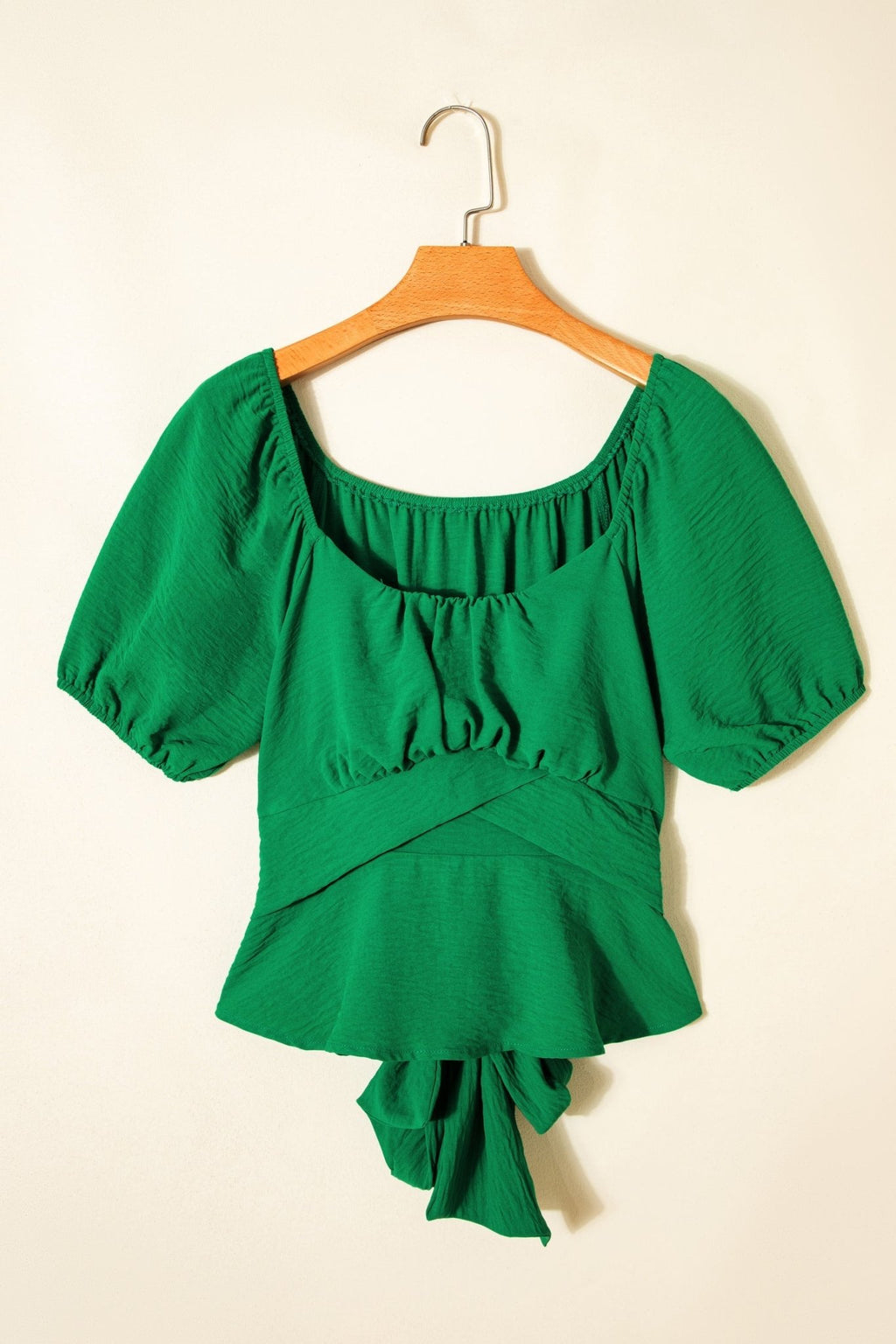 Solid Ruched Cross Waist Tied Back Peplum Top - Rooted & Reckless Co.