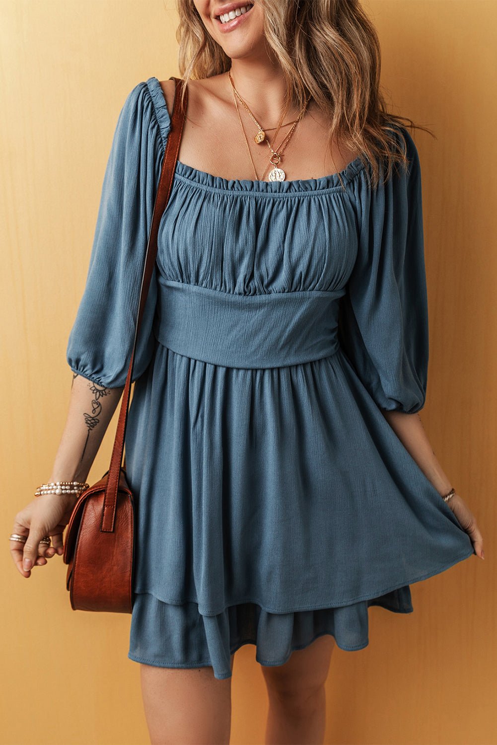 Solid Ruched Frilled Neck 3/4 Sleeve Dress - Rooted & Reckless Co.