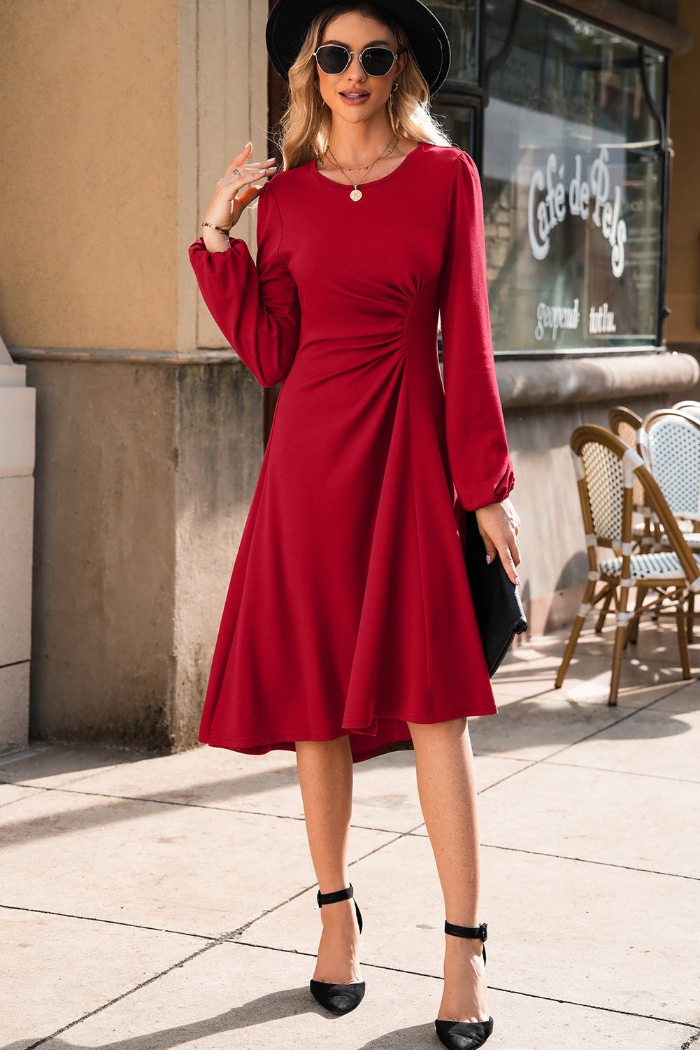 Solid Ruched Long Sleeve Midi Dress - Rooted & Reckless Co.