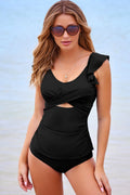 Solid Ruffle Crossed Cutout Tankini Set - Rooted & Reckless Co.