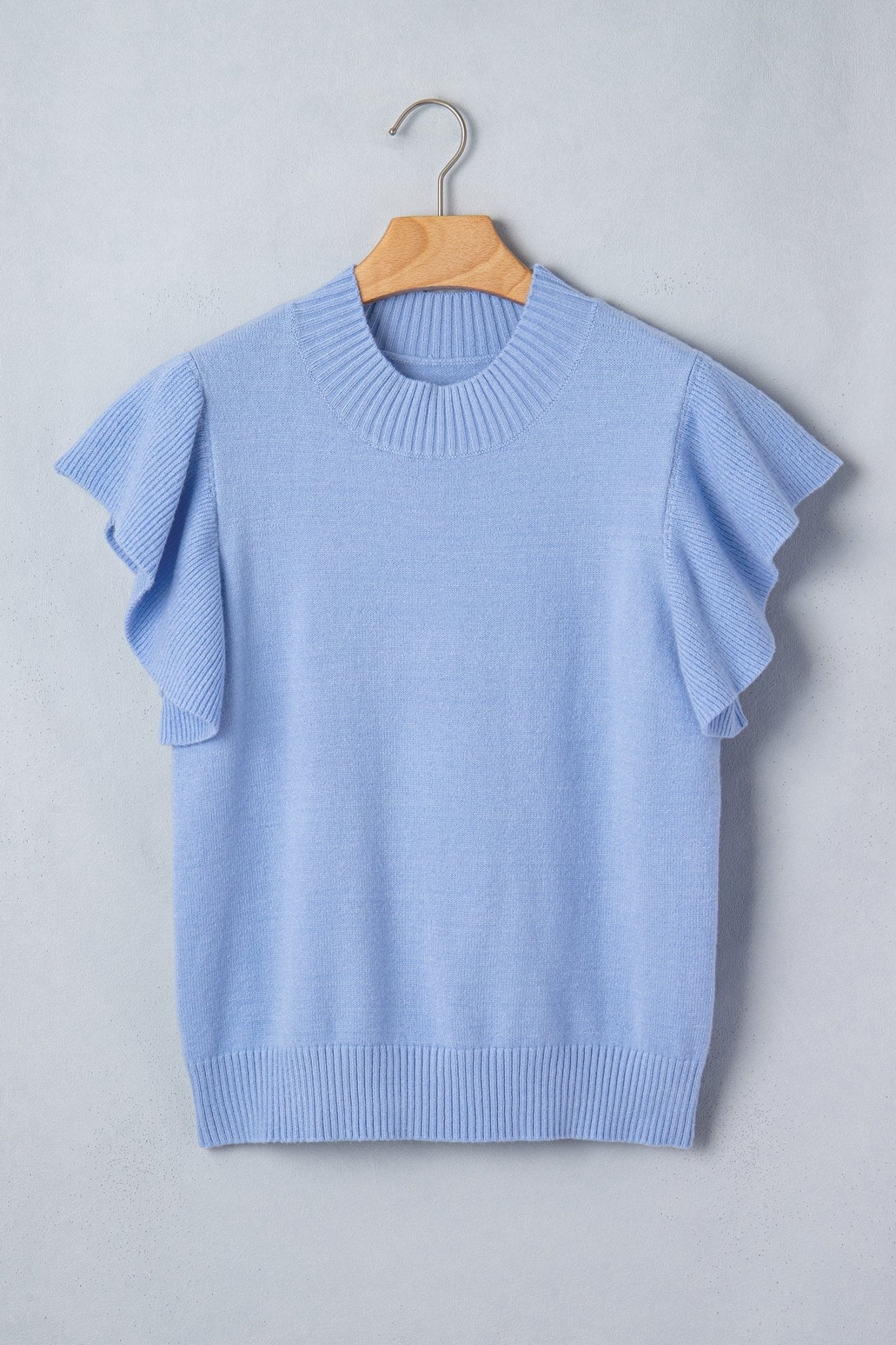 Solid Ruffle Sleeve Round Neck Ribbed Sweater - Rooted & Reckless Co.