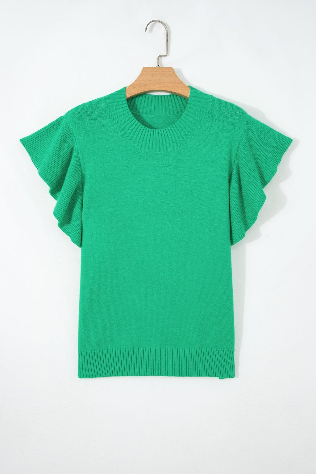 Solid Ruffle Sleeve Round Neck Ribbed Sweater - Rooted & Reckless Co.