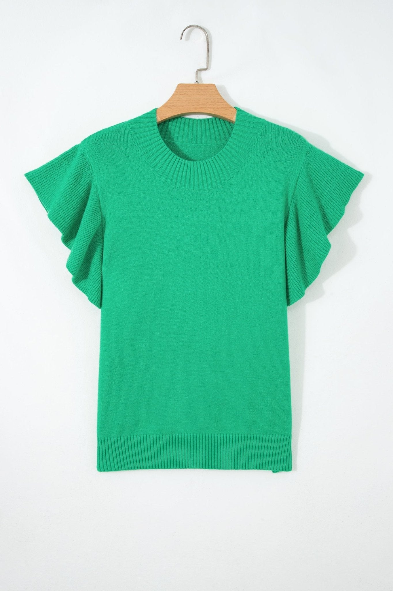 Solid Ruffle Sleeve Round Neck Ribbed Sweater - Rooted & Reckless Co.