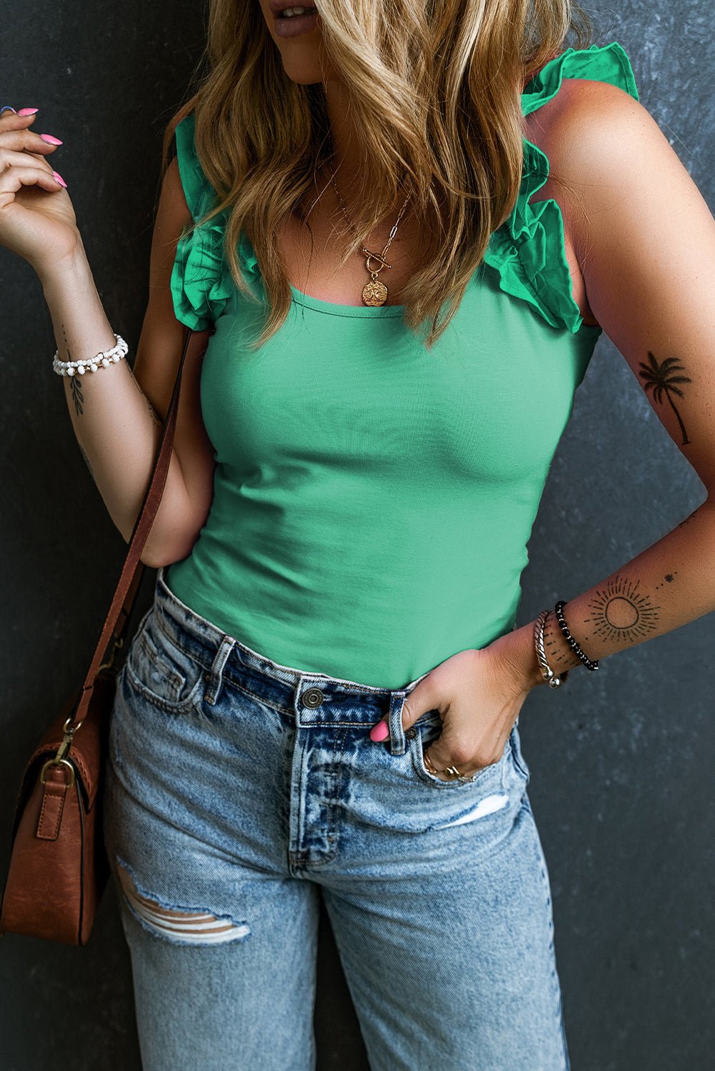 Solid Ruffle Straps Scoop Neck Tank Top - Rooted & Reckless Co.