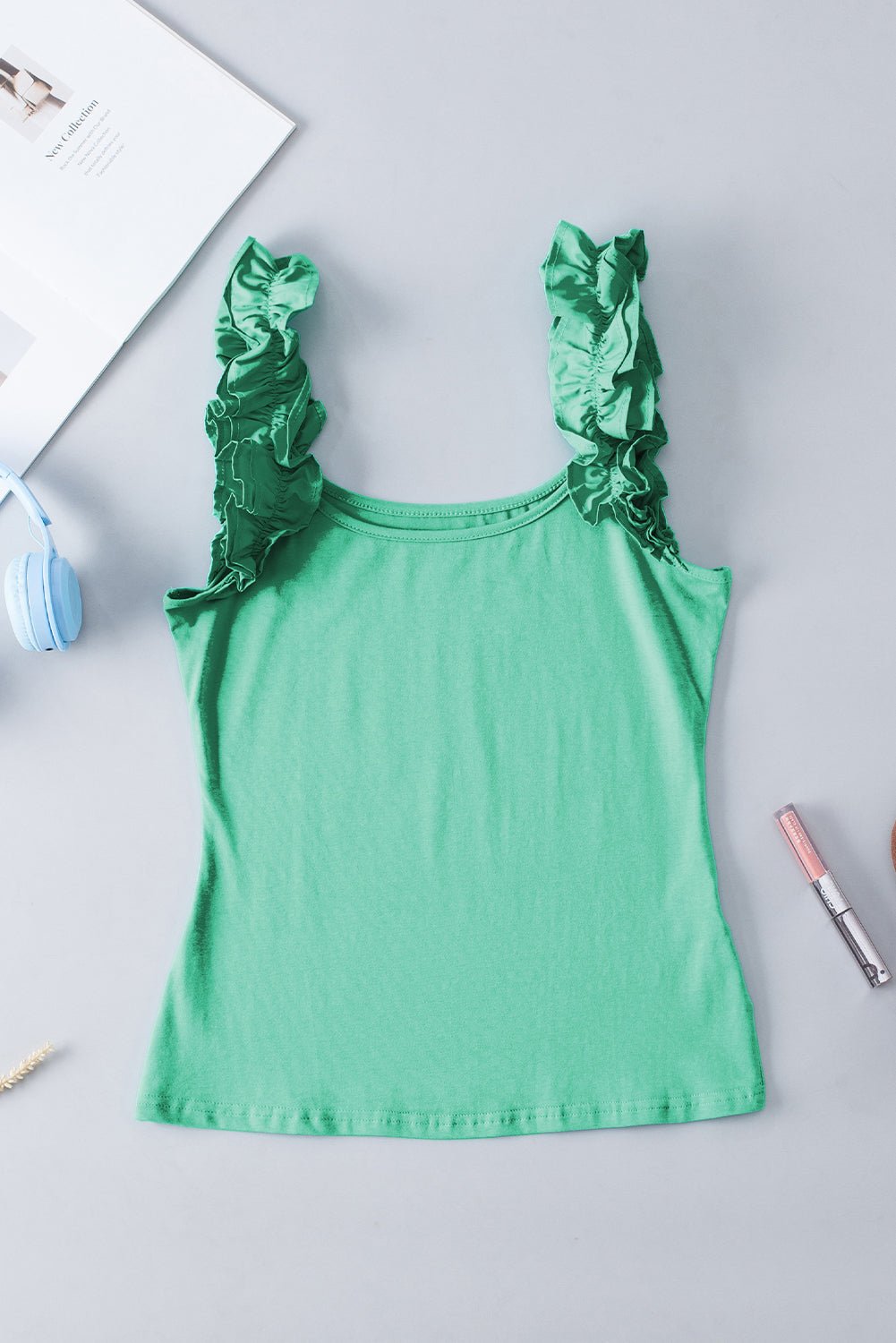 Solid Ruffle Straps Scoop Neck Tank Top - Rooted & Reckless Co.