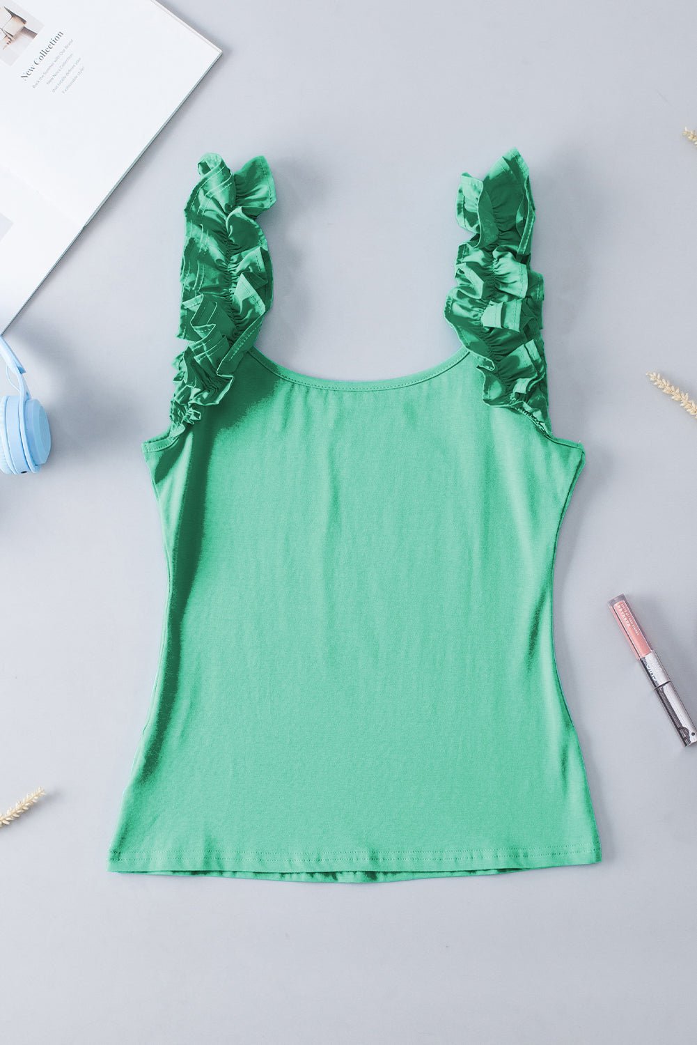 Solid Ruffle Straps Scoop Neck Tank Top - Rooted & Reckless Co.