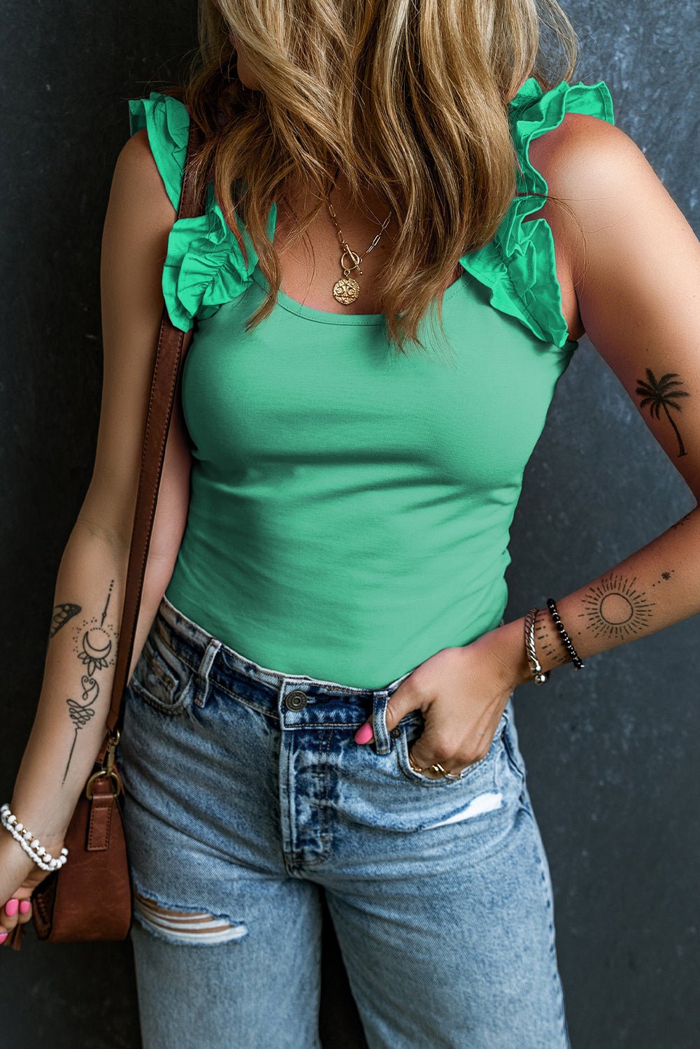 Solid Ruffle Straps Scoop Neck Tank Top - Rooted & Reckless Co.