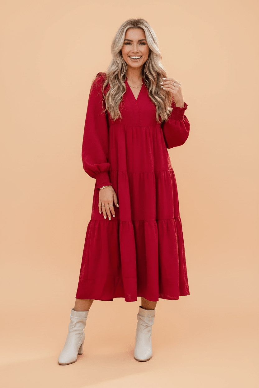 Solid Ruffle Trim Long Sleeve Tiered Midi Dress - Rooted & Reckless Co.