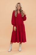 Solid Ruffle Trim Long Sleeve Tiered Midi Dress - Rooted & Reckless Co.