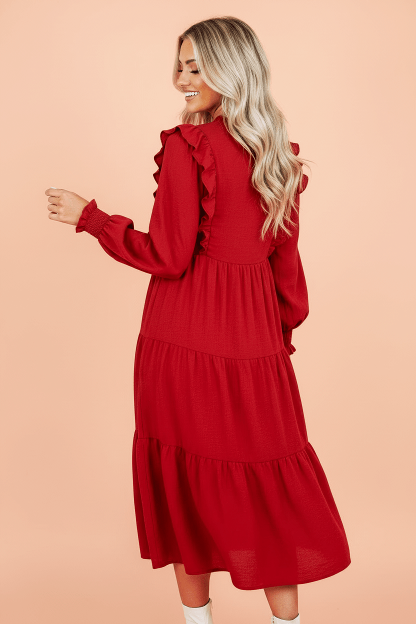 Solid Ruffle Trim Long Sleeve Tiered Midi Dress - Rooted & Reckless Co.