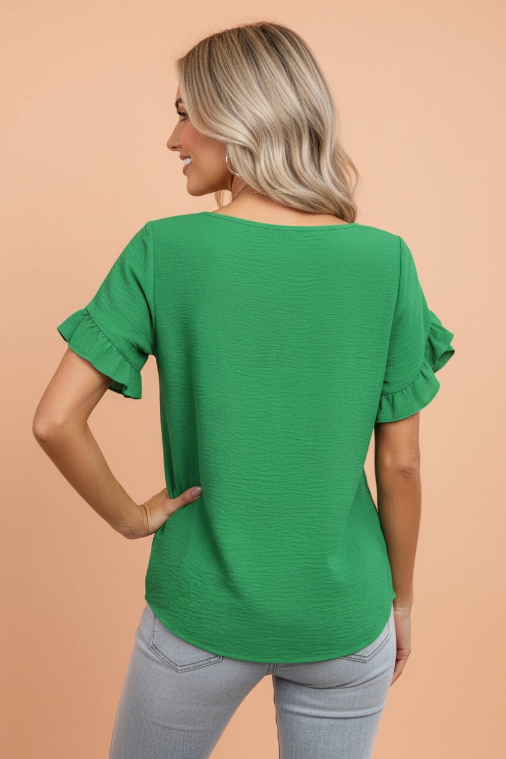 Solid Ruffle Trim Short Sleeve Blouse - Rooted & Reckless Co.