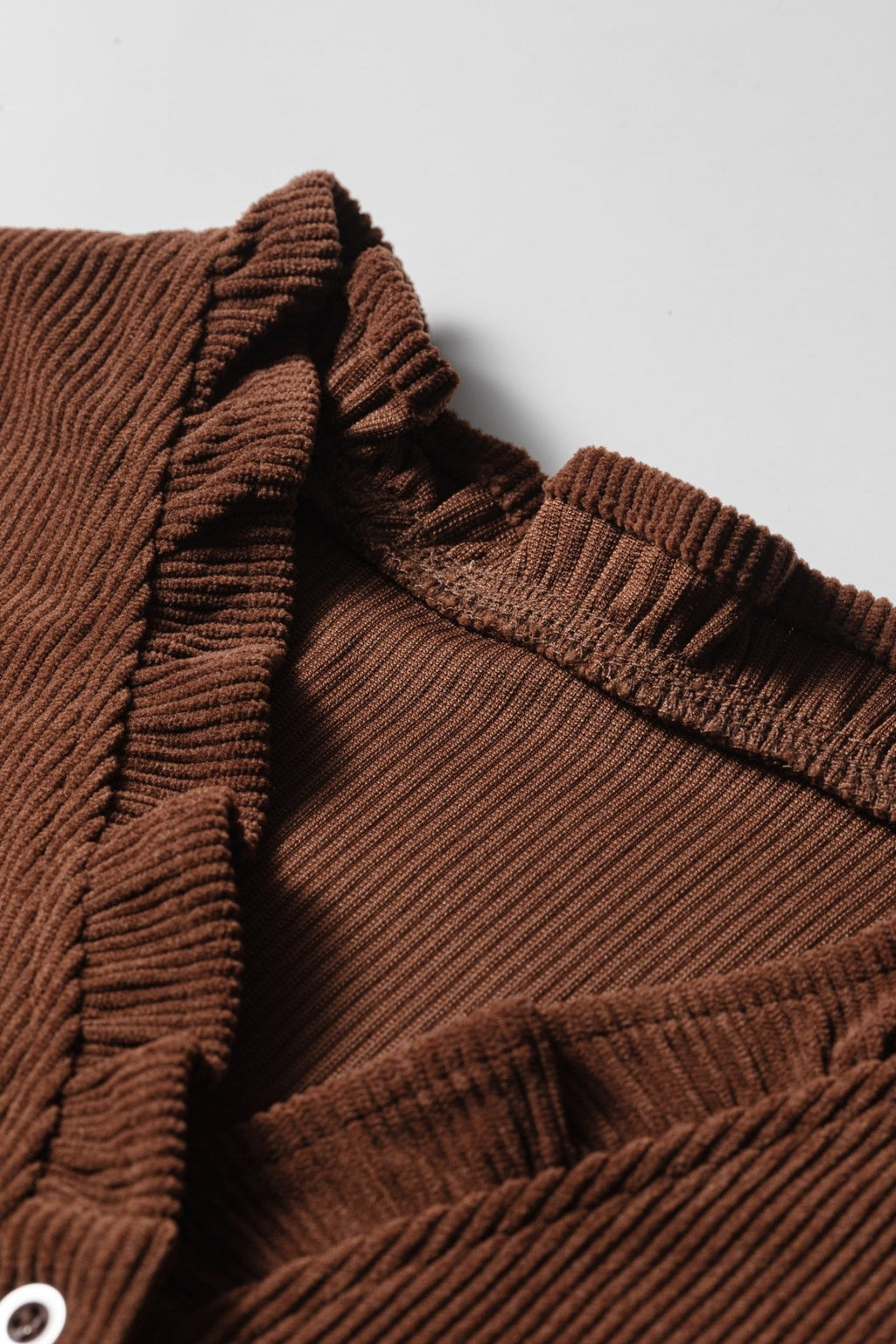Solid Ruffle Trim V-Neck Long Sleeve Corduroy Shacket - Rooted & Reckless Co.