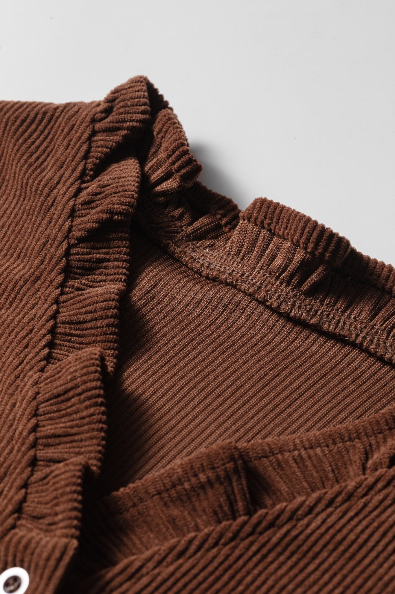 Solid Ruffle Trim V-Neck Long Sleeve Corduroy Shacket - Rooted & Reckless Co.