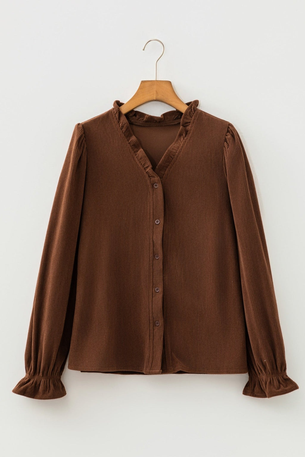 Solid Ruffle Trim V-Neck Long Sleeve Corduroy Shacket - Rooted & Reckless Co.