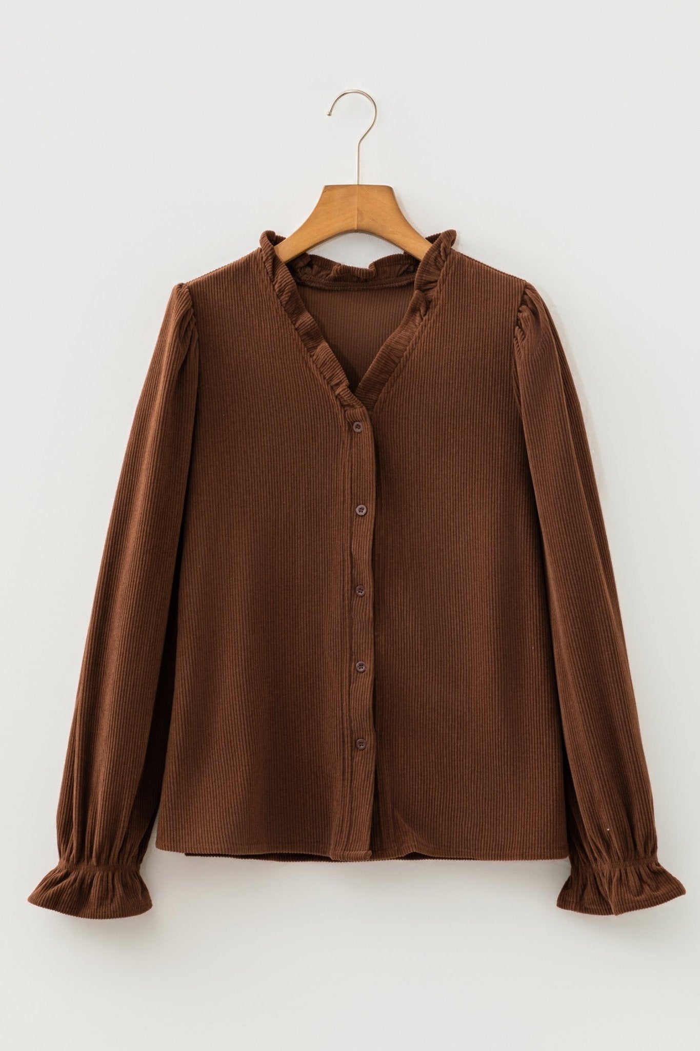 Solid Ruffle Trim V-Neck Long Sleeve Corduroy Shacket - Rooted & Reckless Co.