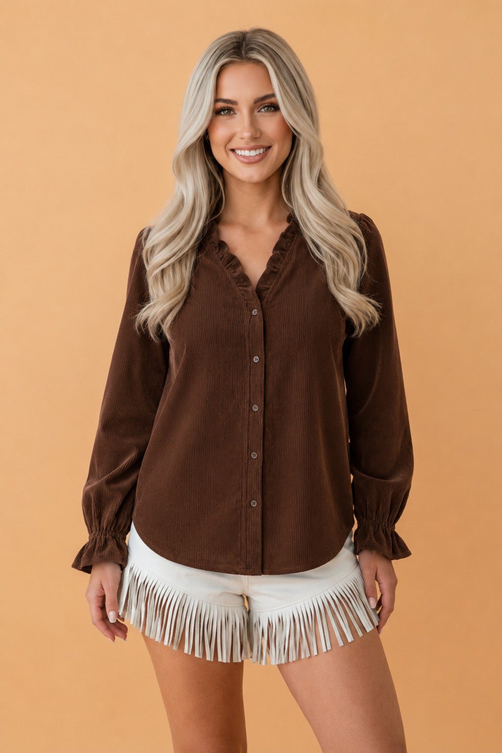 Solid Ruffle Trim V-Neck Long Sleeve Corduroy Shacket - Rooted & Reckless Co.