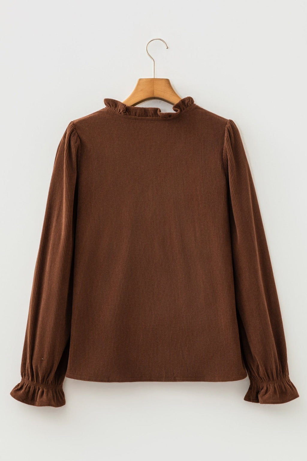 Solid Ruffle Trim V-Neck Long Sleeve Corduroy Shacket - Rooted & Reckless Co.